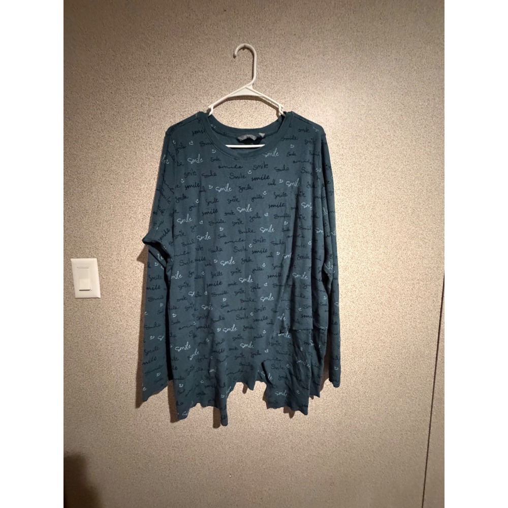 AnyBody Loungewear Smile Waffle Knit Long Sleeve Top Teal 2X Raw Hem Pullover